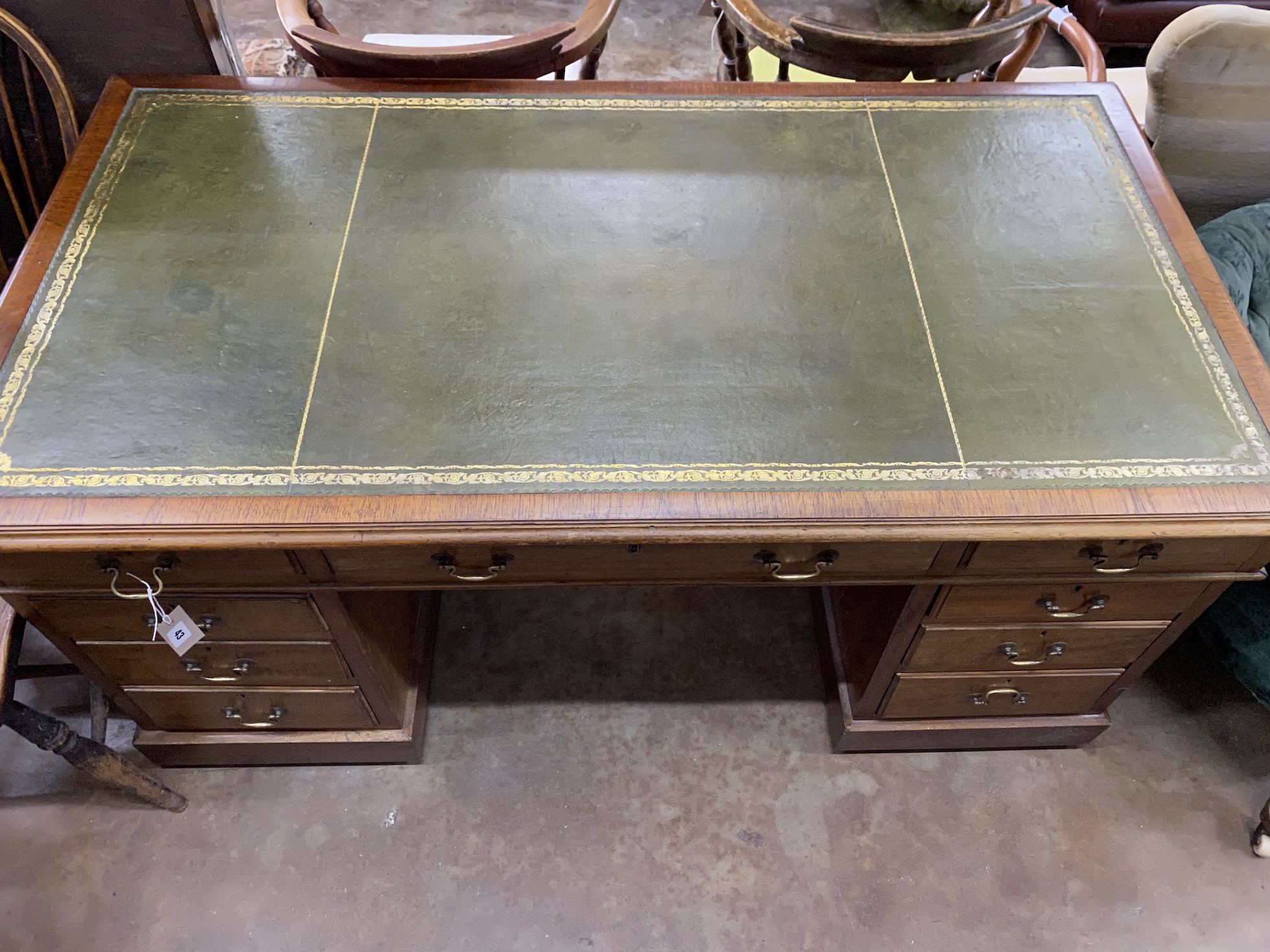 An early 20th century mahogany pedestal desk, length 152cm, depth 81cm, height 75cm